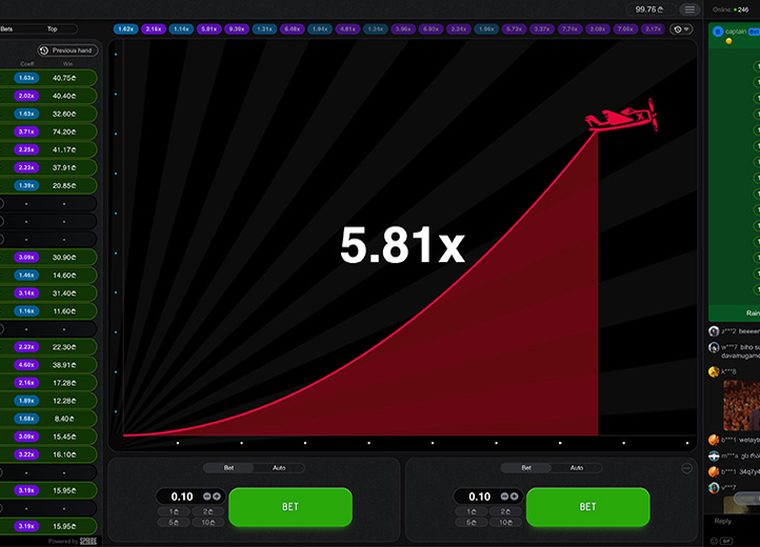Aviator on a desktop: the multiplier curve at 5.81x, the bet panel below it and the live bets of other players down the side